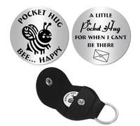 CREATCABIN Pocket Hug Token Long Distance Keepsake Stainless Steel Token Social Relationship Double Sided Words with PU Leather Keychain Gift for Women Men Bestie Friends 1.2x1.2 Inch-Bee Happy