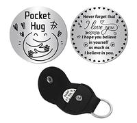CREATCABIN Pocket Hug Token Long Distance Relationship Keepsake Stainless Steel Double Sided Inspirational Gift with PU Leather Keychain for Friends Daughter Son 1.2 Inch-Never Forget That I Love You