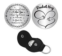 CREATCABIN Pocket Hug Token Long Distance Relationship Keepsake Stainless Steel Inspiration Gift Double Sided with PU Leather Keychain for Friends Family Daughter Son 1.2 x 1.2 Inch