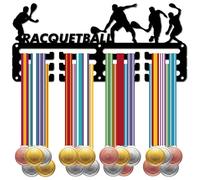 CREATCABIN Racquetball Medal Holder Hanger Medals Display Rack Black Metal Iron Small Shelf Plaques Hangers Organizer Medal Frame Wall Mounted with 12 Hooks for Award Ribbon Football 11.4x5Inch