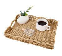 CREATCABIN Rattan Serving Tray with Handle Scalloped Edge Rectangle Wicker Serving Tray Hand-Woven Wicker Decorative Flat Baskets for Breakfast Bread Fruit Coffee Table Kitchen Dinning Room Bathroom