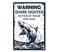 CREATCABIN Retro Vintage Tin Warning Sign Shark Sighted Enter at Your Own Risk Metal Wall Decor Decoration Art Mural for Home Garden Kitchen Bar Pub Livingroom Plaque 12 x 8inch
