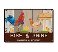 CREATCABIN Rise and Shine Mother Metal Tin Sign Cluckers Chicker Chicken Eggs Funny Hen Rooster Bathroom Quote Vintage Sign for Farm Farmhouse Home Kitchen Cafe Wall Deocr, 8 x 12 Inch