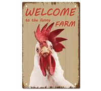 CREATCABIN Rooster Metal Tin Sign Welcome To The Funny Farm Retro Poster Plaques with Quotes Vintage Wall Hanging Decor for Farm Yard Farmhouse Home Living Room Bedroom 12 x 8inch