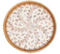 CREATCABIN Round Rattan Woven Serving Tray Wooden Base Hand Woven Basket Decorative Wicker Basket Organizer Tray for Table Decor Storage Display Breakfast Coffee Bread Fruit Linen 11.8Inch
