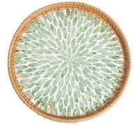CREATCABIN Round Rattan Woven Serving Tray Wooden Base Hand Woven Basket Decorative Wicker Basket Organizer Tray for Table Decor Storage Display Breakfast Coffee Bread Fruit Green 11.8Inch