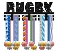 CREATCABIN Rugby Medal Holder Sports Medal Hanger Display Ribbons Organizer Black Wood Hanging Athlete Awards Wall Mount Decor over 30+ Medals for Competition Race Medalist Birthday Gift 15.7x5.9 Inch