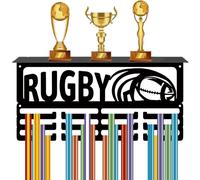 CREATCABIN Rugby Medal Holder Trophy and Ribbon Display Shelf with 12 Hooks Sports Medal Hanger for Wall Mount Hold 60+ Medals Ribbon Lanyard Organizer Metal Rack for Awards Race Athletes 15.7x8x4Inch
