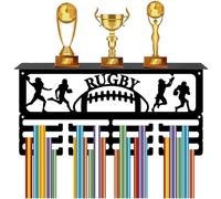 CREATCABIN Rugby Medal Holder Trophy Shelf Display with 12 Hooks for Medals Sports Medal Hanger for Wall Mount Hold 60+ Medals Ribbon Organizer Metal Rack for Women Men Awards Race 15.7x8x4Inch