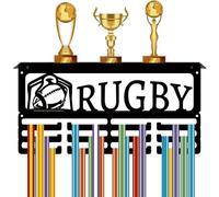 CREATCABIN Rugby Medal Holder with Shelf Medal Trophy Display Sports Award Hanger Ribbon Organizer Iron Rack Wall Mount Frame Hold 60+ Medals for Athletes Players Badge Holder 15.7x8x4Inch Black
