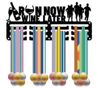 CREATCABIN Run Now Wine Later Medal Holder Display Hanger Black Metal Iron Medal Rack Organizer Medal Stand Frame with 12 Hooks 3 Rows Wall Mounted Hanger for Triathlon Football Runner 11.4 x 5Inch