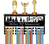 CREATCABIN Running Medal Display Miles Of Memories Medal Hanger with Trophy Shelf 3 Rows 12 Hooks Metal Race Award Holder Ribbon Rack for Hanging 60+ Awards Honors Storage Wall Runners 15.7x8x4 Inch