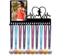 CREATCABIN Running Medal Hanger Display Heartbeat Run Medal Holder with Photo Frame Sports Wall Rack Case Metal Black Hanging Awards Mount Lanyard Organizer for Runner Marathon Athlete 16.5x9.8Inch