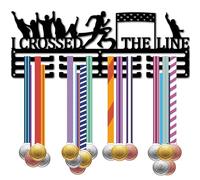 CREATCABIN Running Medal Holder Cheer Medal Hanger Display Wall Rack Frame Metal Black Hanging Awards Mount Decor Sports Ribbon Organizer for Run Race Marathon Athlete 15.7x5.9Inch-I Crossed the Line