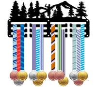 CREATCABIN Running Medal Holder Runner Medal Hanger Display Small Sports Marathon Mountain Tree Forest Lanyard Ribbons Metal Iron Black Wall Rack Frame Mount Decor for Hanging Awards 11.4x5.1 Inch
