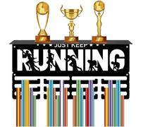CREATCABIN Running Medal Holder Sports Trophy Shelf Display with 12 Hooks Marathon Awards Metal Medal Hanger for Wall Mount Hanging 60+ Medals Rack with Shelf for Award 15.7x8x4Inch-Just Keep Running
