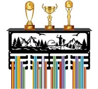 CREATCABIN Running Medal Holder Trophy Shelf Display with 12 Hooks Runner Mountain Tree Sun Bird Metal Medal Hanger Ribbons Rack with Shelf for Wall Mount Hold 60+ Medals Marathon Awards 15.7x8x4 Inch