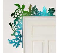 CREATCABIN Sea Turtle Door Frame Decoration Ocean Door Topper Coral Marine Animal Summer Beach Metal Double Sided Wall Silhouette Art Corner Sign for Window Mirror Frame Decor Ocean Blue 11.8 x 11in