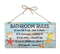 CREATCABIN Seashell Bathroom Hanging Signs Plaques Funny Bathroom Rules Beach Themed Ocean Wall Art Sign Water Proof Home Decor Accessory Door Craft Artwork Gifts 11.8x6inch