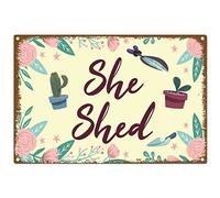 CREATCABIN She Shed Signs Tin Plate Flowers Leaves Cactus Metal Sign Funny Plaque Retro Poster Bathroom Wall Decorations for Outdoor Indoor Home Hotel Restroom Door Decor, 8x12Inch