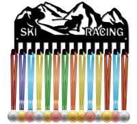 CREATCABIN Ski Racing Medal Holder Medal Hangers Display Rack Black Metal Iron Small Hanger Organizer Medal Frame Wall Mounted with 14 Hooks for Award Ski Skiing Race 11.4 x 5.1 Inch