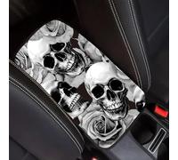 CREATCABIN Skull Auto Center Console Cover Car Armrest Pad Auto Armrest Storage Box Pad Soft Anti-Slip Lines Waterproof Car Accessories Interior With Elastic Band for Vehicle SUV Truck 12.6×7.5in