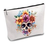 CREATCABIN Skull Makeup Bag Canvas Flowers Cosmetic Bag Multi Purpose Pen Pencil Case Zipper Toiletry Travel Bag Case Purse Pouches Portable Survival Kit Gifts for Women Friends Halloween 10 x 7 Inch