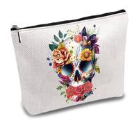 CREATCABIN Skull Makeup Bags Canvas Cosmetic Bag Multi Purpose Pen Pouch Case Iron on Transfe Flower with Metal Zipper Sublimation Blanks Bag Purse Pouches for Toiletry Travel School 10 x 7Inch