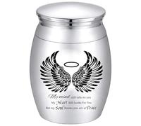 CREATCABIN Small Keepsake Urns Mini Cremation Urn for Human Ashes Alloy Sharing Funeral Urn Memorials Ashes Holder Miniature Container Black Angel Wings for Family Friend Pet 1.6x1.2Inch-Silvery