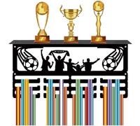 CREATCABIN Soccer Medal Hanger Display Trophy Shelf Football Medal Holder with Shelf Stand Sports 3 Rows Metal Hanging Wall Mount Hold 70+ Medals for Marathon Run Competition Medals Rack 15.7x7.9Inch