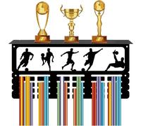 CREATCABIN Soccer Medal Hanger Display Trophy Shelf Football Medal Holder with Shelf Stand Sports 4 Rows Metal Hanging Wall Mount Hold 70+ Medals for Competition Ribbon Medals Rack Gifts 15.7x7.9Inch