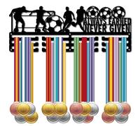 CREATCABIN Soccer Medal Holder Display Hanger Medals Rack Black Metal Iron Medal Holder Shelf Sport Medal Stand Frame Wall Mounted Hanging for Football Medalist 15.7 x 6Inch-Always Earned Never Given