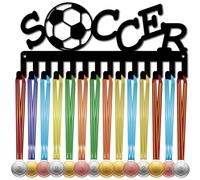 CREATCABIN Soccer Medal Holder Medals Hanger Display Holder Frame Sports Small Black Metal Lanyard Ribbons Rack with Hooks Hanging over 14 Medals for Wall Players Athletes Race Awards 11.4 x 5.1Inch