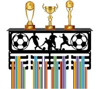 CREATCABIN Soccer Medal Holder Trophy Shelf Display with 12 Hooks Football Metal Medal Hanger for Wall Mount Hold 60+ Medals Ribbons Organization Rack with Shelf for Awards Race Medalists 15.7x8x4Inch