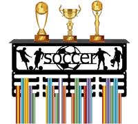 CREATCABIN Soccer Medal Holder with Shelf Medal Trophy Display Hanger Football Sports Award Ribbon Organizer Iron Rack Wall Mount Frame Hold 60+ Medals for Athletes Players Badge Holder 15.7x8x4Inch