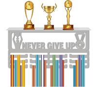 CREATCABIN Sport Medal Holder Iron Medal Rack Never Give Up Wall Mount Decor 3 Lines Separate Hooks Race Awards Organizer for Athletes Winners Gift 60+ Medals Ribbons Hanging Display 15.8x7.9in