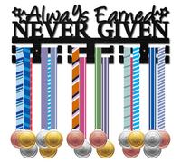 CREATCABIN Sport Medal Holder Medal Hanger Always Earned Never Given Wall Mount Race Awards Storage Rack with 2 Rows Hooks for 30+ Medals Ribbons Hanging Display Athletes Winners Gift 15.7x5.9in