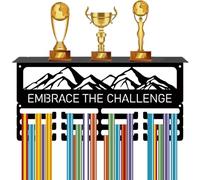CREATCABIN Sports Medal Holder Trophy Award Shelf Display with 12 Hooks Marathon Running Race Ribbon Metal Medal Hanger for Wall Mount 60+ Medals Rack with Shelf 15.7x8x4Inch-Embrace the Challenge