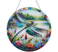 CREATCABIN Stained Windows Hanging Suncatcher Retro Dragonfly Hanging Ornament Round Acrylic Panel Sun Catcher with Iron Chain and Jump Rings Summer Home Decor Gift for Family Friends 7.9x7.9 Inch