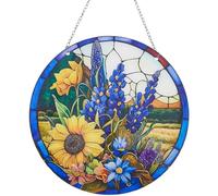 CREATCABIN Stained Windows Hanging Suncatcher Retro Sunflower Hanging Ornament Round Acrylic Panel Sun Catcher with Iron Chain and Jump Rings Summer Home Decor Gift for Family Friends 7.9x7.9 Inch