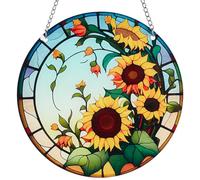 CREATCABIN Stained Windows Hanging Suncatcher Round Acrylic Hanging Ornaments Sets Panel Sun Catcher with Iron Chain and Jump Rings Home Room Decor Gift for Summer Plant Lover 5.9x5.9 Inch Sunflowers