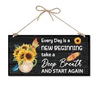 CREATCABIN Summer Hanging Sign Sunflower Wood Hanging Door Sign Front Door Decor Garden Plaque Rustic Vintage Wall Decoration Gift for Family Friends 6x12 Inch Every Day Is A New Beginning