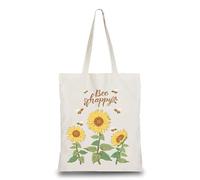 CREATCABIN Sunflower Bee Happy Cotton Tote Bag Canvas 100% Cotton Reusable Shopping Bags Beach Grocery Bags Eco-Friendly Aesthetic DIY Craft Multi-Function for Women Gifts Daily Life 13.3 x 15 Inch