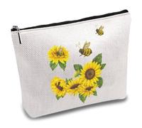 CREATCABIN Sunflower Canvas Makeup Bags Cosmetic Bag Multi Purpose Pen Case with Metal Zipper Bee Large Toiletry Travel Bag Purse Pouches for Her Friends Sister Women DIY Craft School 10 x 7Inch