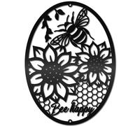 CREATCABIN Sunflower Metal Wall Art Black Bees Wall Decor Hollow Elliptic Flowers Wall Hanging Ornament Sign Modern for Living Room Bedroom Home Office Kitchen Farmhouse 8.6x11.8Inch-Bee Happy