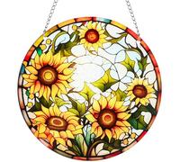 CREATCABIN Sunflower Stained Suncatcher Windows Hanging Flower Ornament Round Panel Sun Catcher Sets with Iron Chain and Jump Rings Spring Room Display Gift for Family Friends Birthday 5.9x5.9 Inch