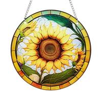 CREATCABIN Sunflower Stained Windows Hanging Suncatcher Flower Ornament Round Panel Sun Catcher Sets with Iron Chain and Jump Rings House Display Gift for Summer Family Friends Birthday 5.9x5.9 Inch