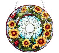 CREATCABIN Sunflower Stained Windows Hanging Suncatcher Round Acrylic Hanging Ornaments Sets Panel with Iron Chain and Jump Rings Home Summer Decor Gift for Plant Lover Housewarming Party 5.9x5.9 Inch