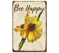 CREATCABIN Sunflower Tin Sign Bee Happy Metal Wall Decor Decoration Art Mural Retro Vintage Spring Summer Flower for Home Garden Kitchen Bar Pub Living Room Office Garage Poster Plaque 12 x 8 Inch