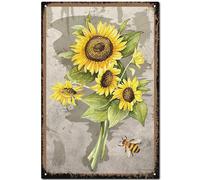 CREATCABIN Sunflower Vintage Sign Bee Metal Tin Sign Poster Sign Wall Decor Retro Painting Plaque Iron Sign Art Mural Hanging for Garden Home Kitchen Farmhouse Room Cafe Decorative Gift 12 x 8 Inch